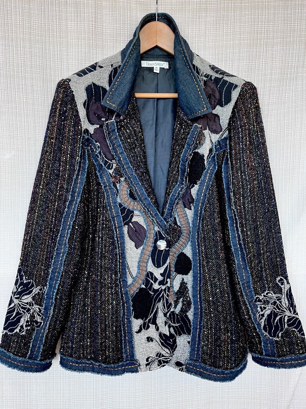 Vintage Jacquard Jacket Embroidered Tweed Art to Wear Applique